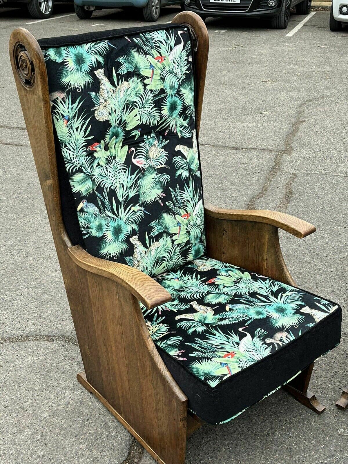 Furniture Mid Century Oak Armchairs Newly Upholstered In A Bright Jungle Print. photo