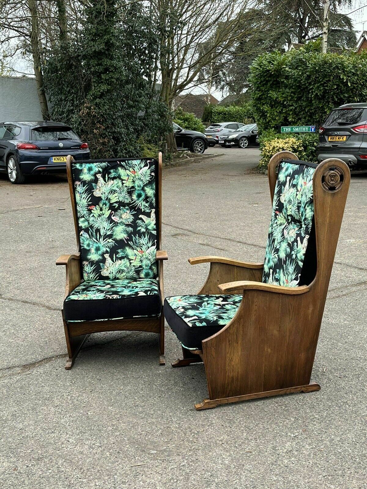 photo vinterior Mid Century Oak Armchairs Newly Upholstered In A Bright Jungle Print.