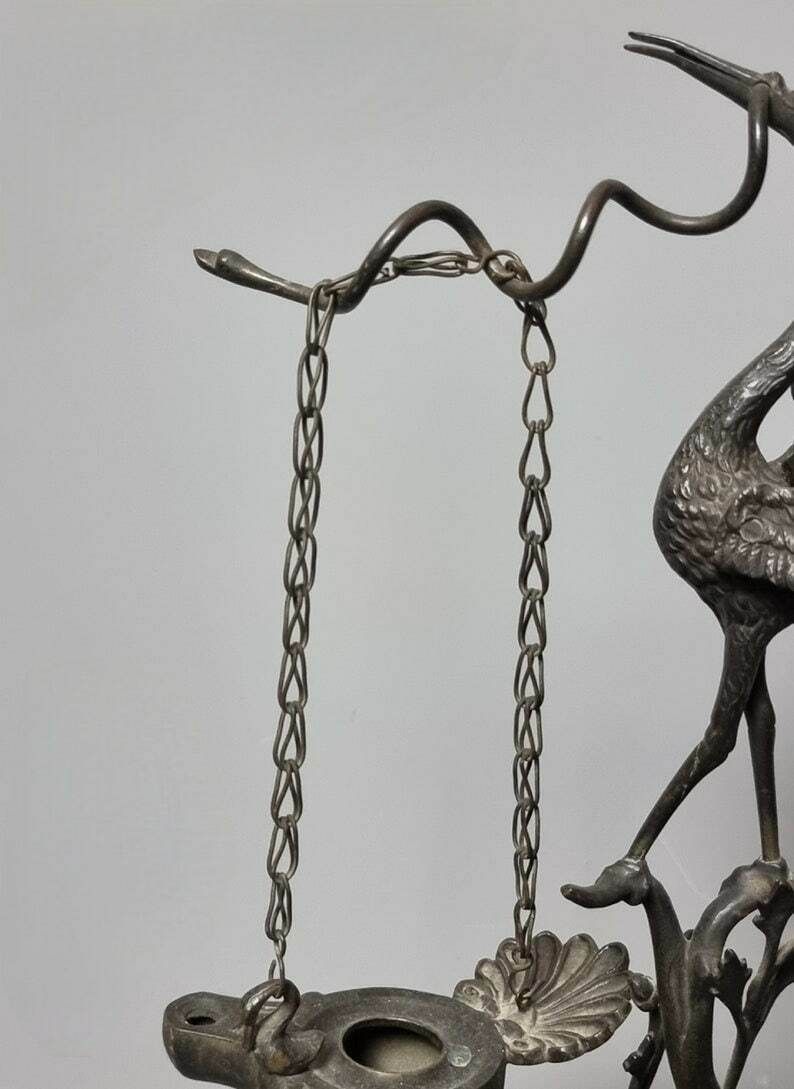 Antique Bronze Oil Lamp, Grand Tour, Stork, Snake, 19th Century photo vintage