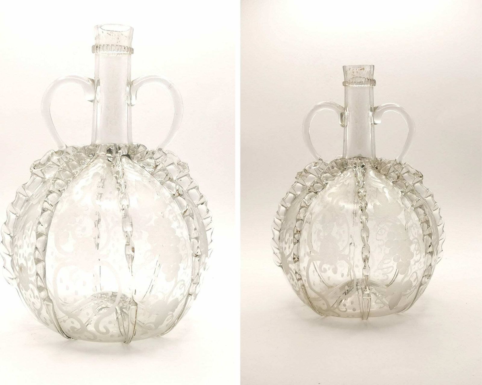 Antique 18th Century Dutch Glass Decanter, Ruffle Glass, Etched
