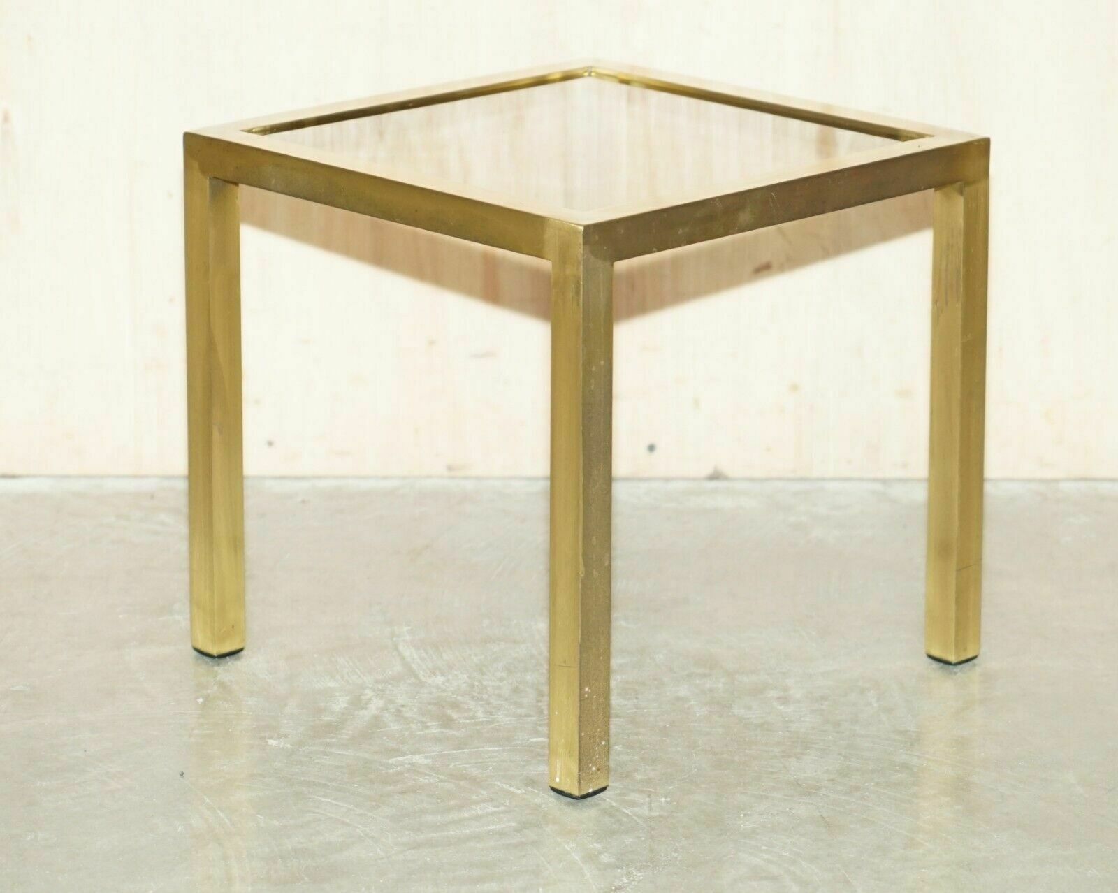 Four Mid Century Modern Maison Jansen Paris Style Brass Smoked Glass Side Tables photo for sale