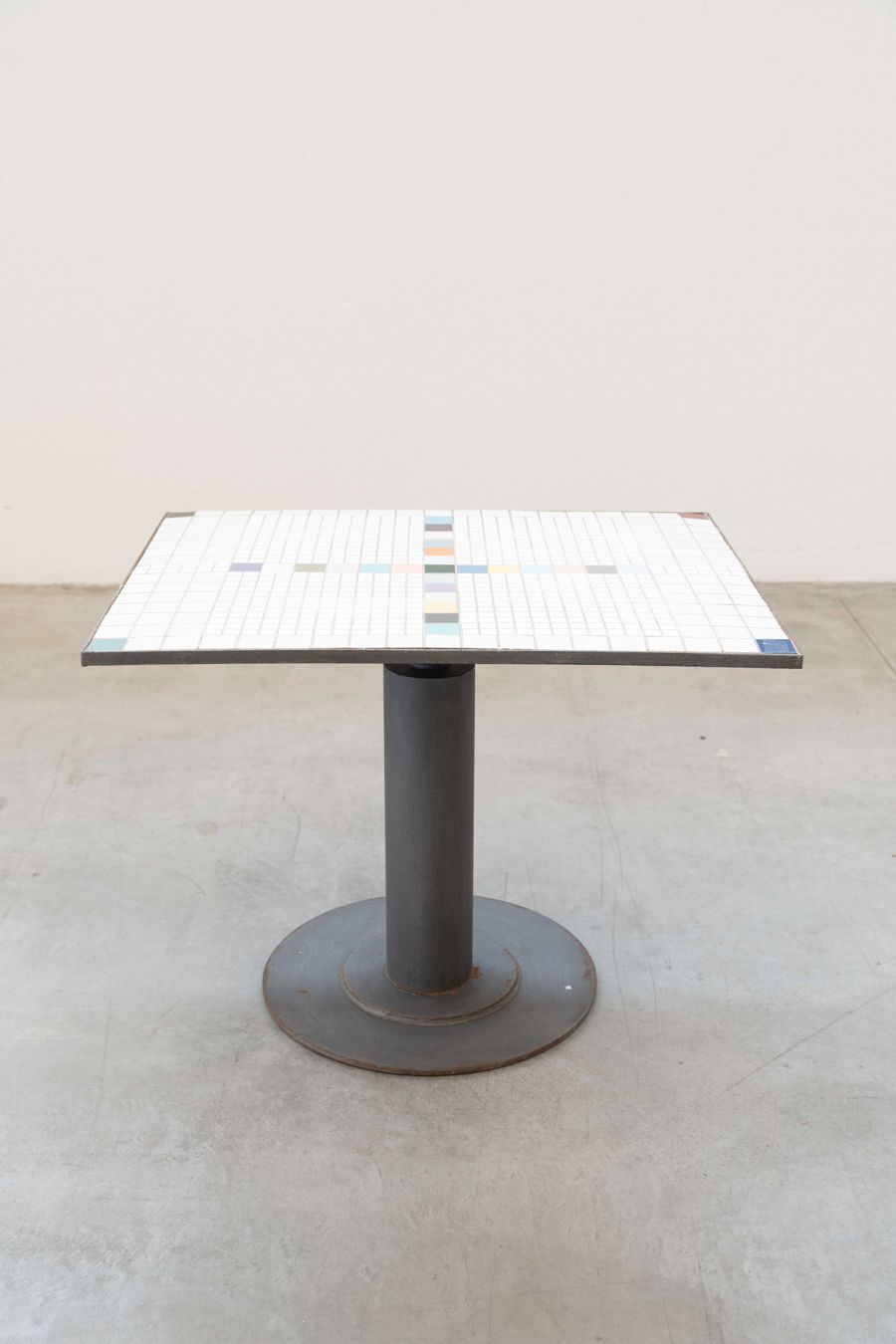 Table With Tiled Mosaic Top, Single Flat Central Leg, Round In Iron, 1950