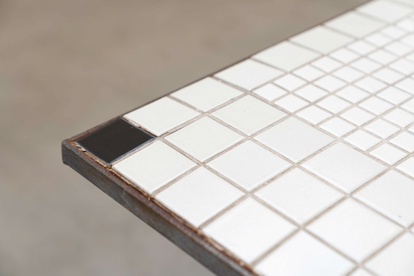Table With Tiled Mosaic Top, Single Flat Central Leg, Round In Iron, 1950 photo buy
