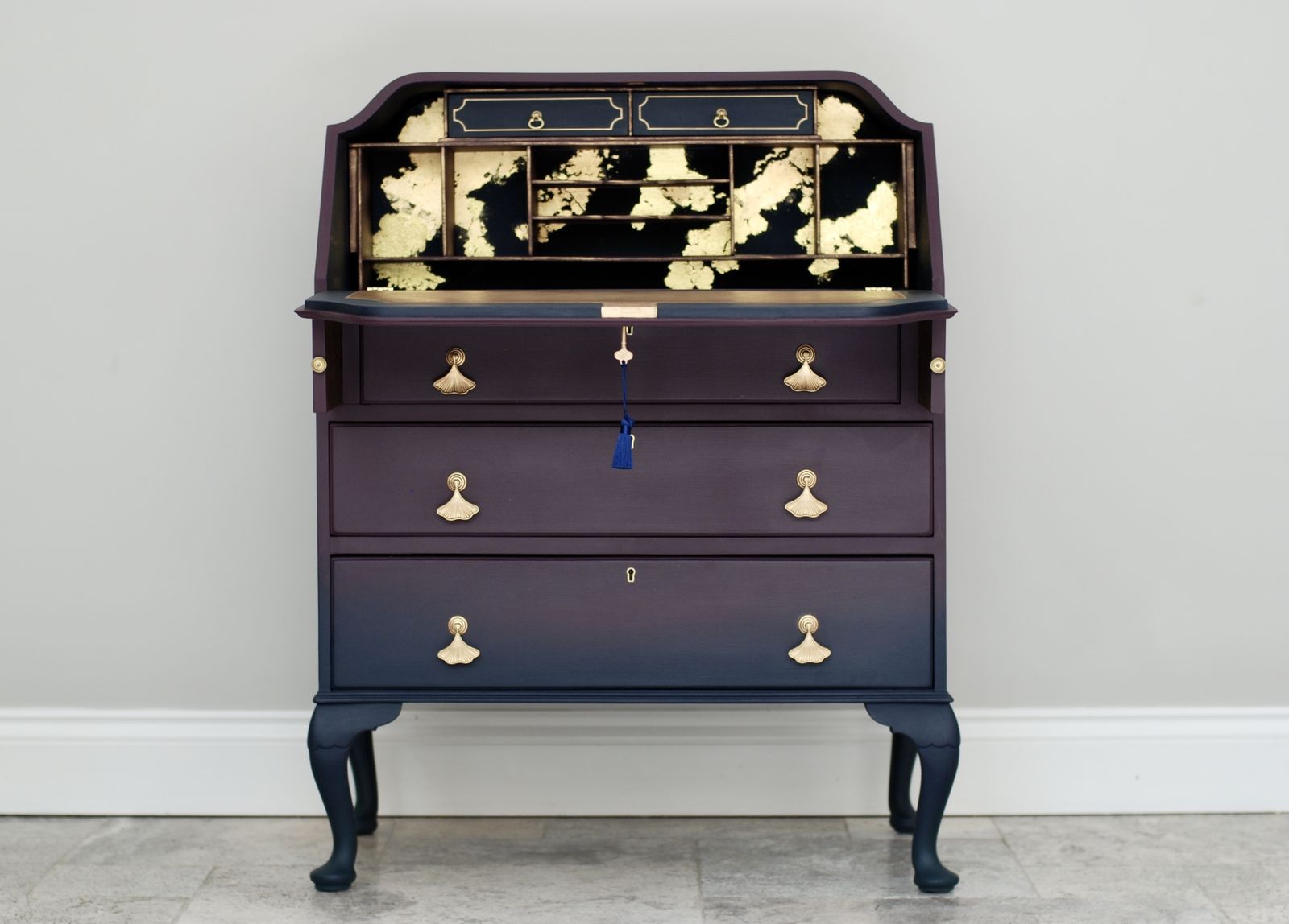 Queen Anne Style Ombre Writing Bureau In Deep Purple And Blue photo for sale