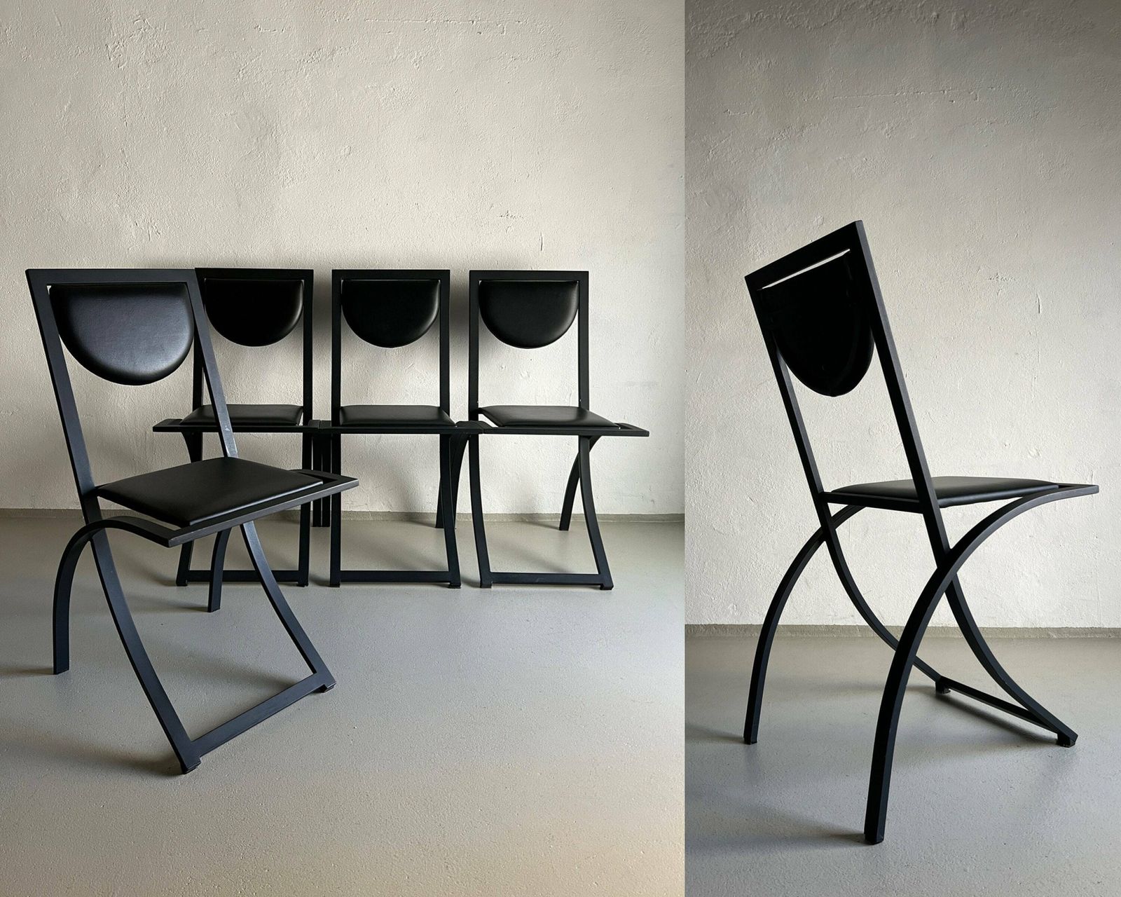 4 Postmodern Black Metal Chairs / Leather Seat / Kff Sinus / Vintage