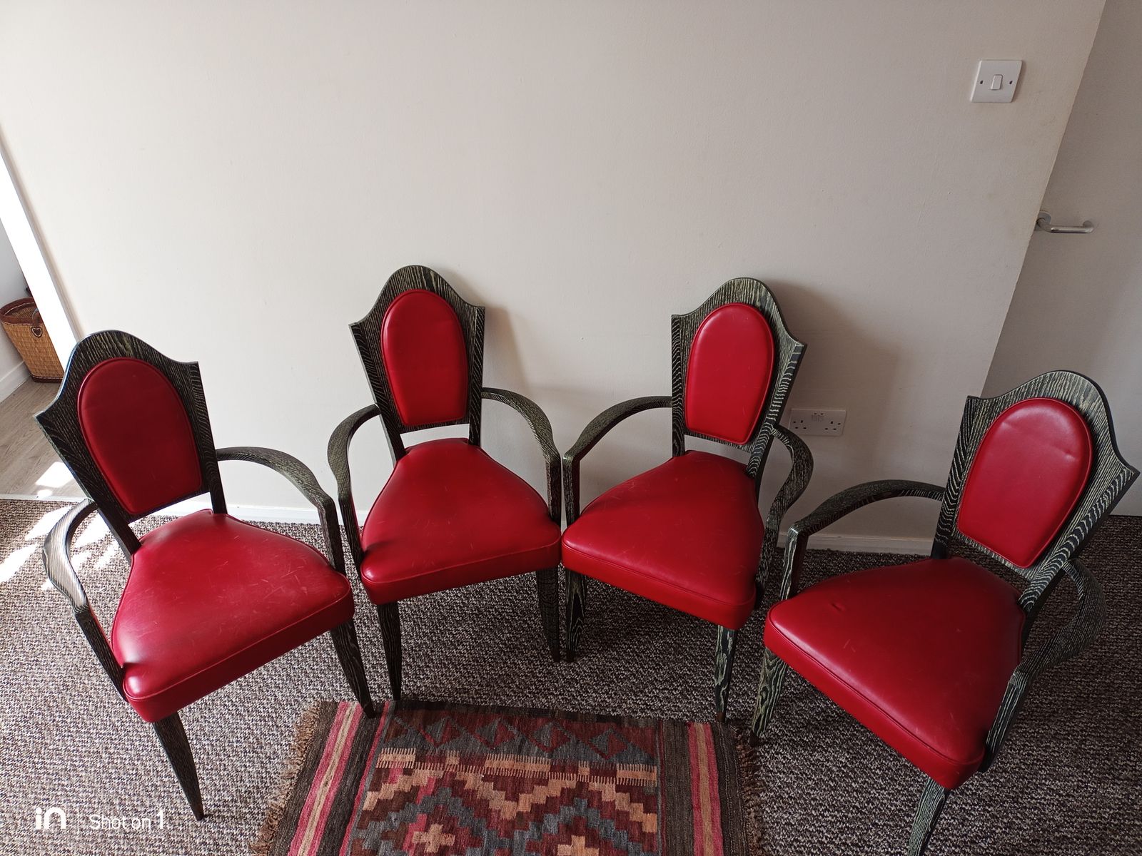 French Late Art Deco Chairs, Limed Oak Wood Frames, Red Leather Upholstery. 1940's. Set Of 4