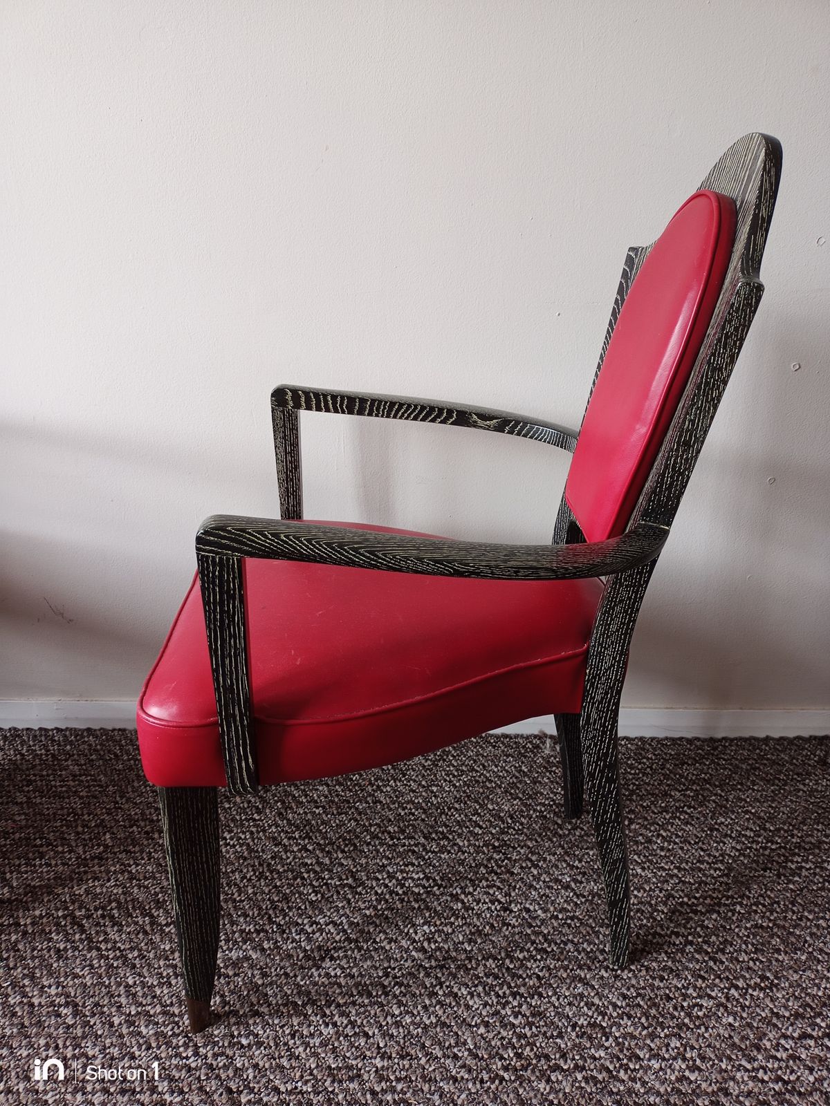 photo for sale French Late Art Deco Chairs, Limed Oak Wood Frames, Red Leather Upholstery. 1940's. Set Of 4