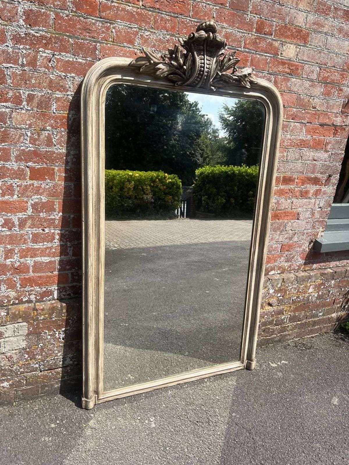 A Stunning Large Antique French 19th C Arched Top Painted Mirror.