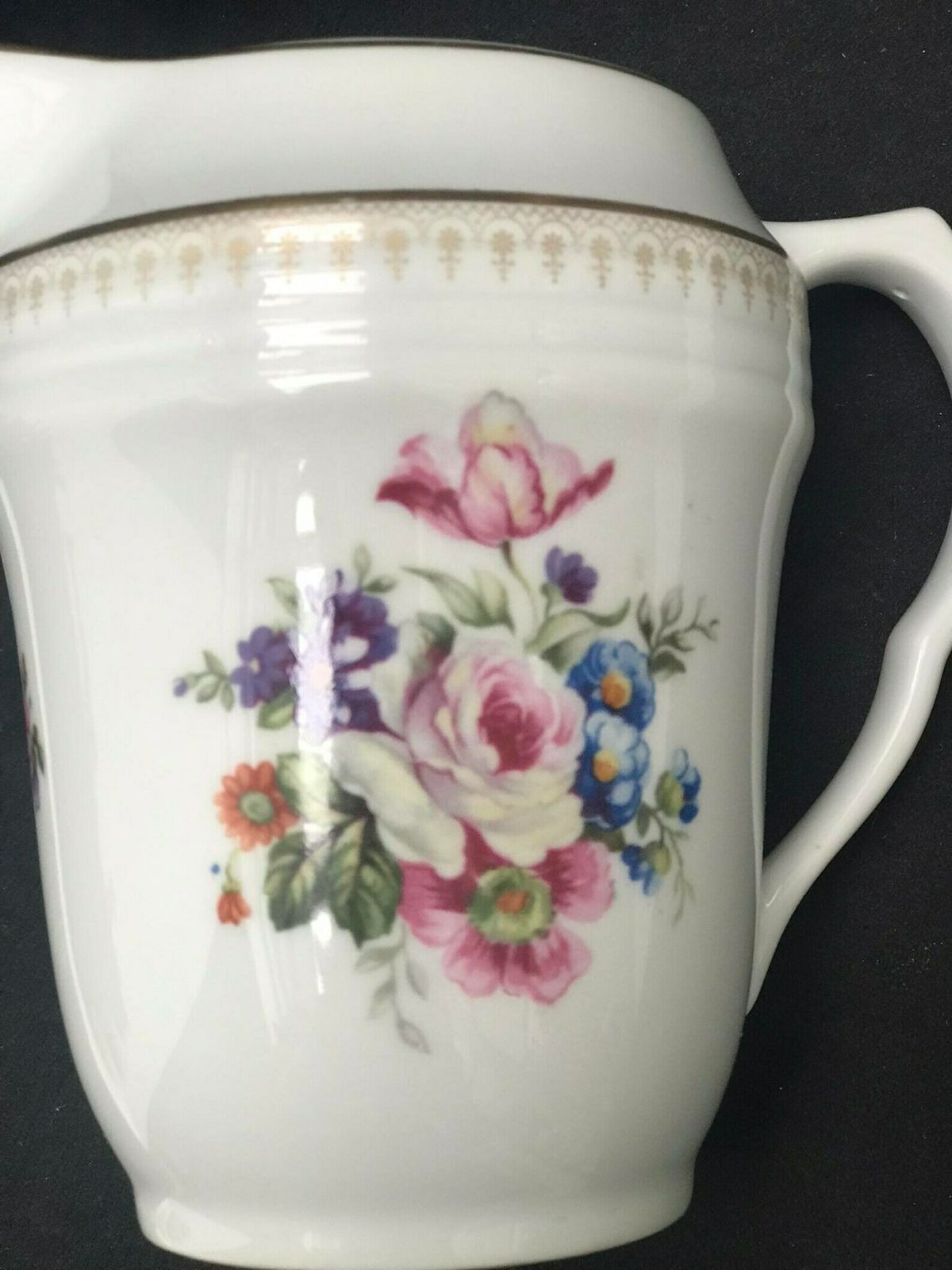 Porcelain Milk Jug Creamer Floral Milk Pot Tea Coffee 1940s Porcelain De Boudour Cerabel Belgium Wedding Gift Illustration Gold Rim photo vintage