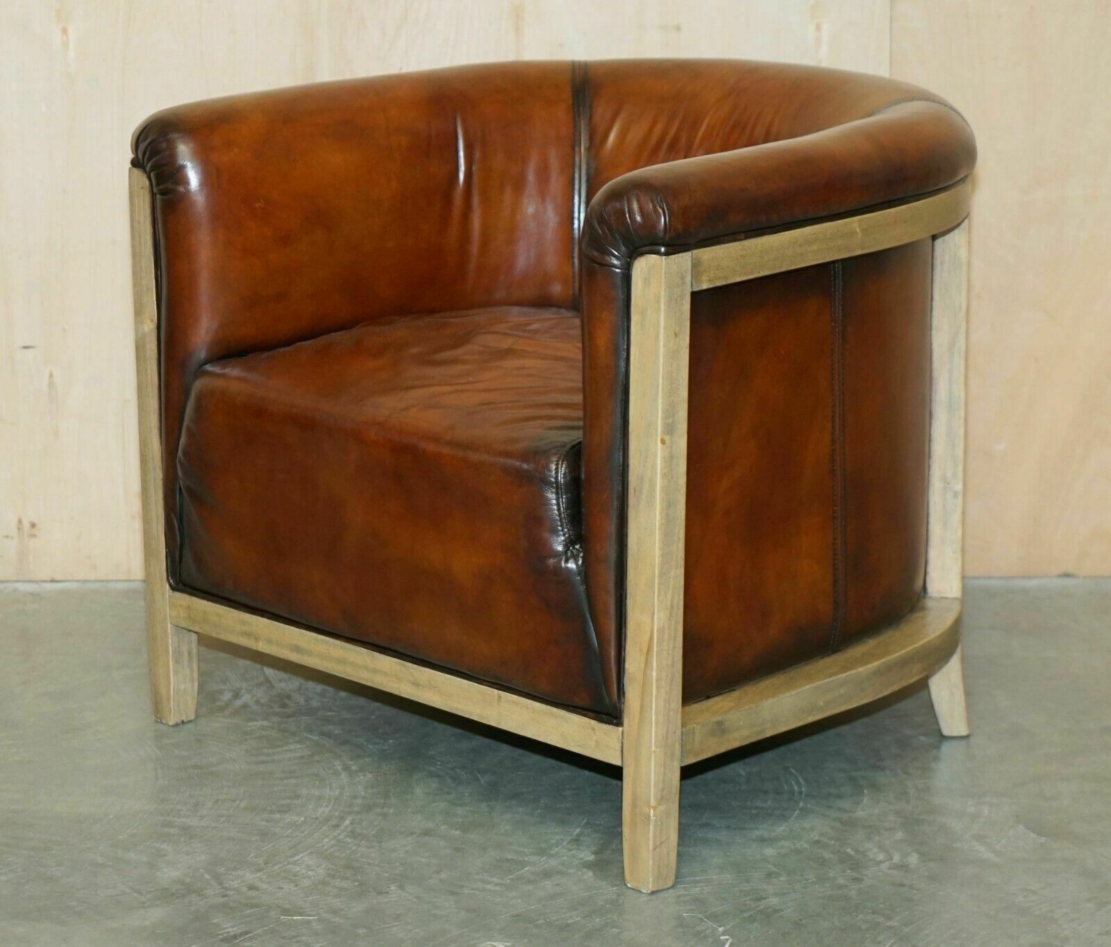 Pair Of Fully Restored Stitched Brown Leather Limed Oak Tub / Club Armchairs photo furniture