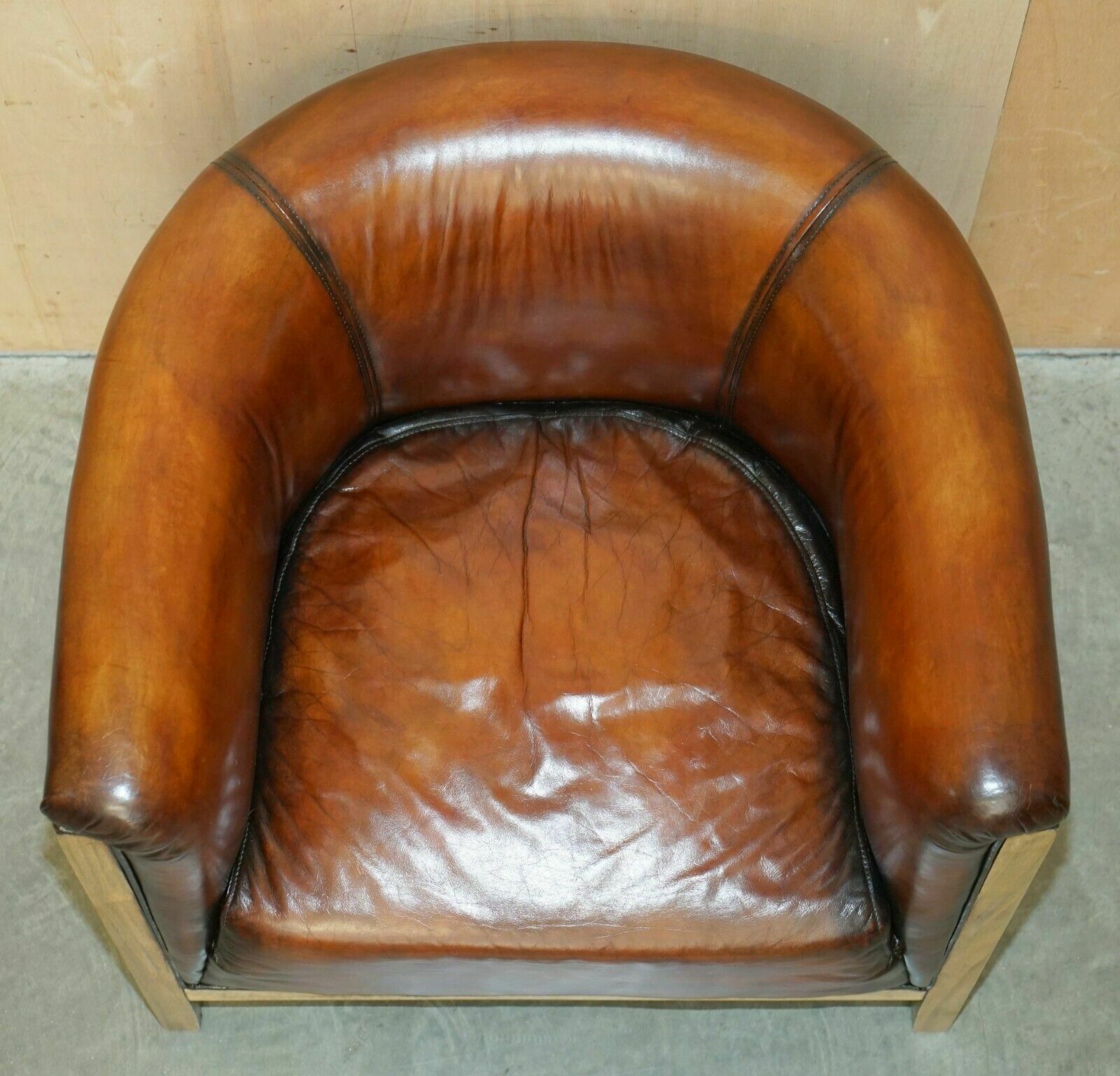 4500.0 Pair Of Fully Restored Stitched Brown Leather Limed Oak Tub / Club Armchairs photo