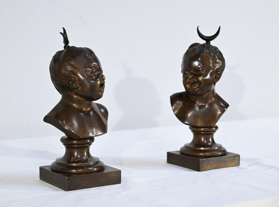 Pair Of Bronzes "Laughing Jean, Crying Jean", After Ja.Houdon   Late 19th Century photo furniture