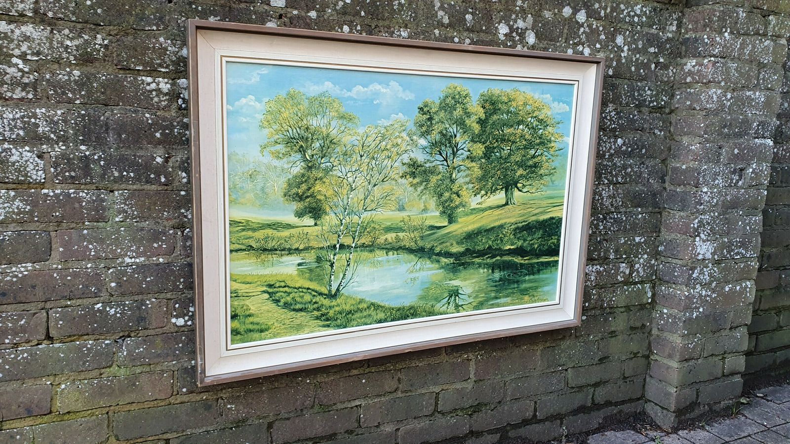 Splendid 1970’s E Kruger Print Sunny Forest Gentle Waterfalls European Landscape. photo furniture