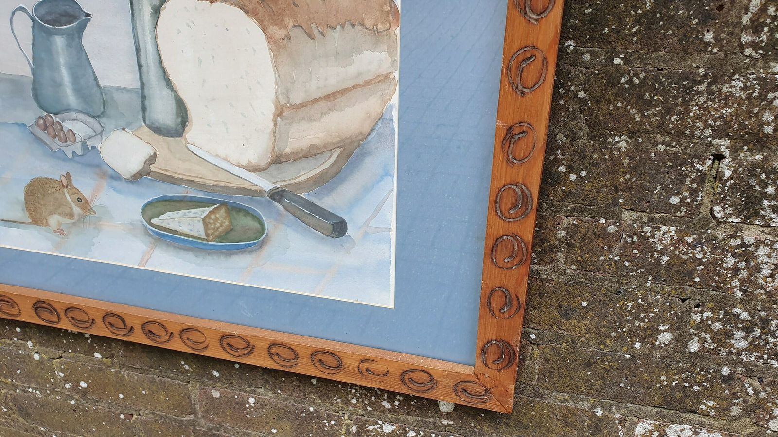 Very Large Bold And Imposing 70’s Or 80’s Quirky Still Life Watercolour Cheese Wine And Mouse. photo vinterior