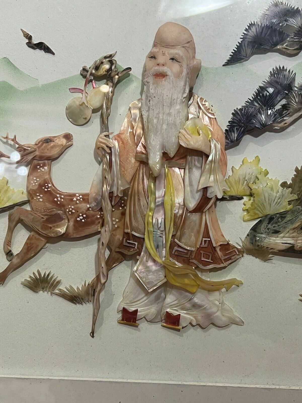 Oriental Chinese Lao Shouxin Deity Of Longevity Mother Of Pearl Artwork Signed photo 220.0