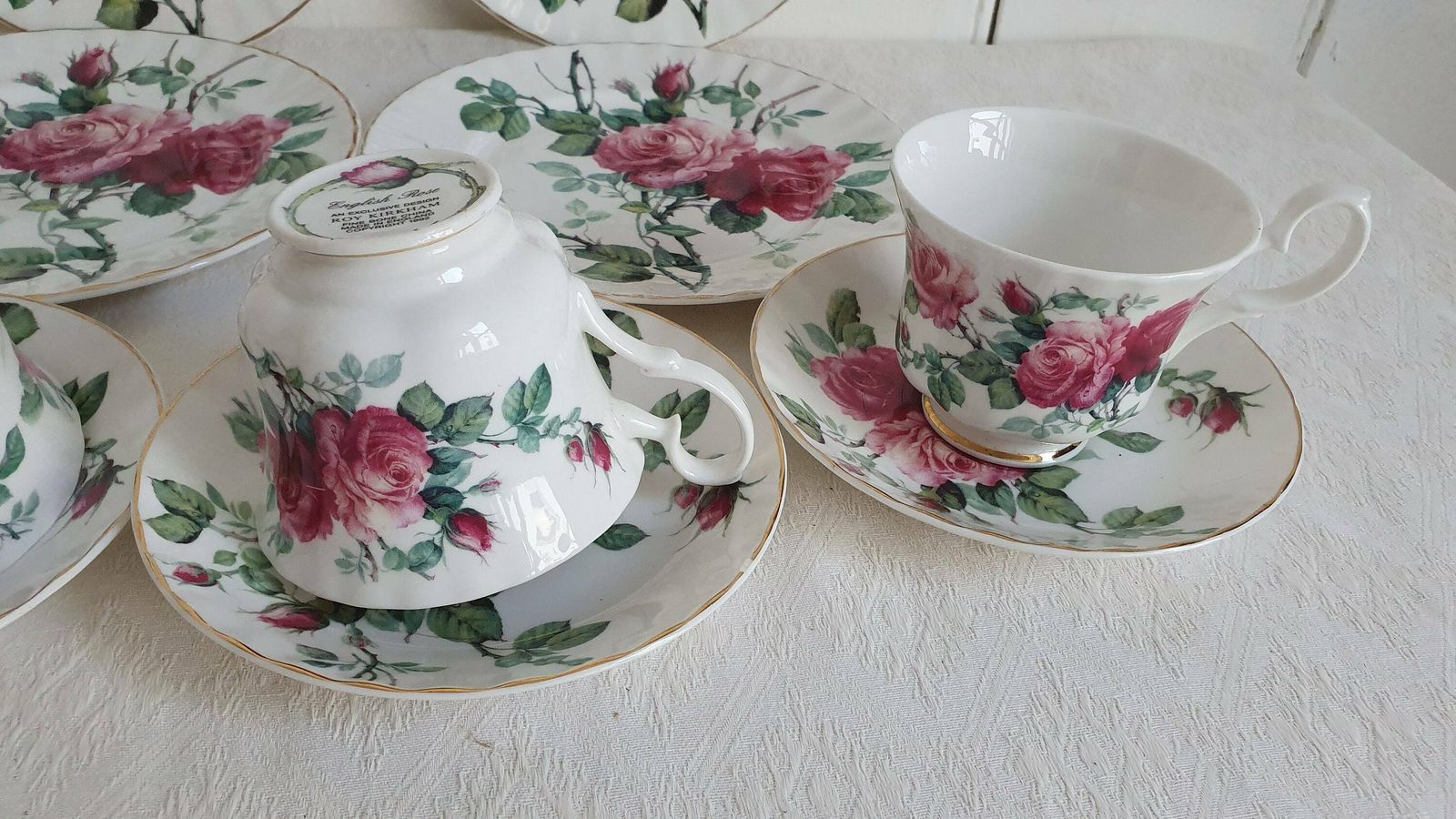 Delightful Set Of 4 Rose Cups Saucers And Large Tea Plates ‘English Rose’ Tea Set Exclusive Design Roy Kirkham 1992 photo furniture