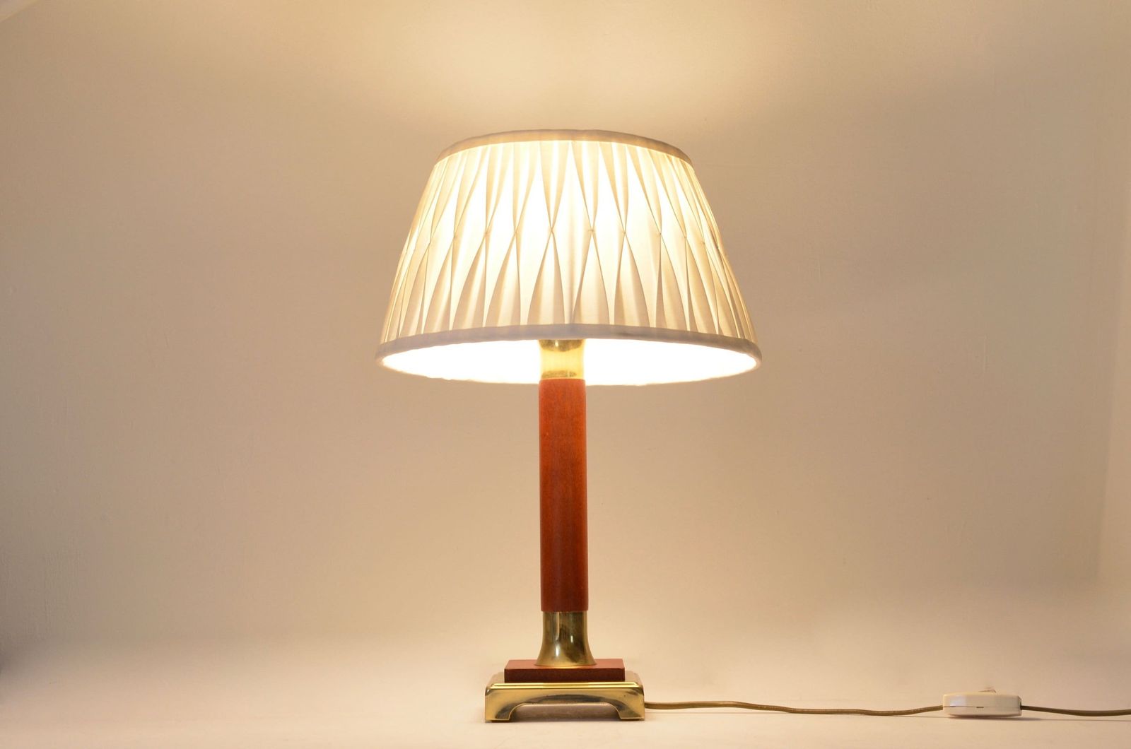 Vintage Brass With Wood Table Lamp With Fabric Pleated Shade Attributed To Temde Leuchten Germany, Hollywood Regency Style 1970s photo buy