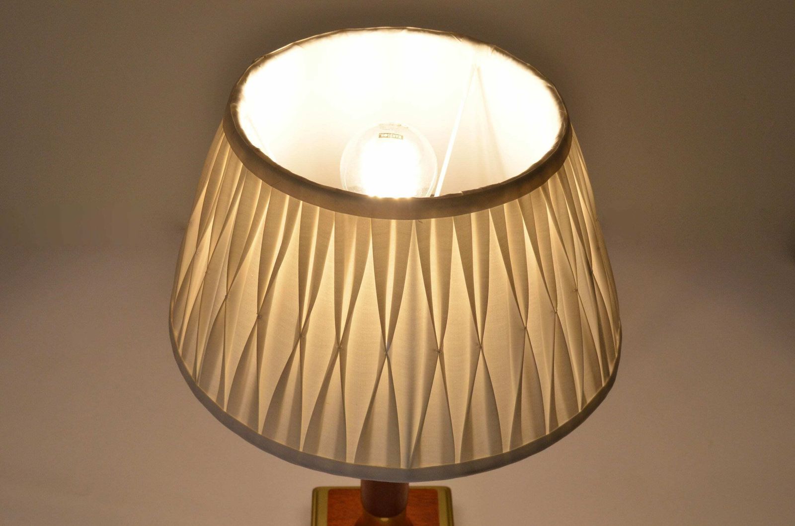 photo for sale Vintage Brass With Wood Table Lamp With Fabric Pleated Shade Attributed To Temde Leuchten Germany, Hollywood Regency Style 1970s
