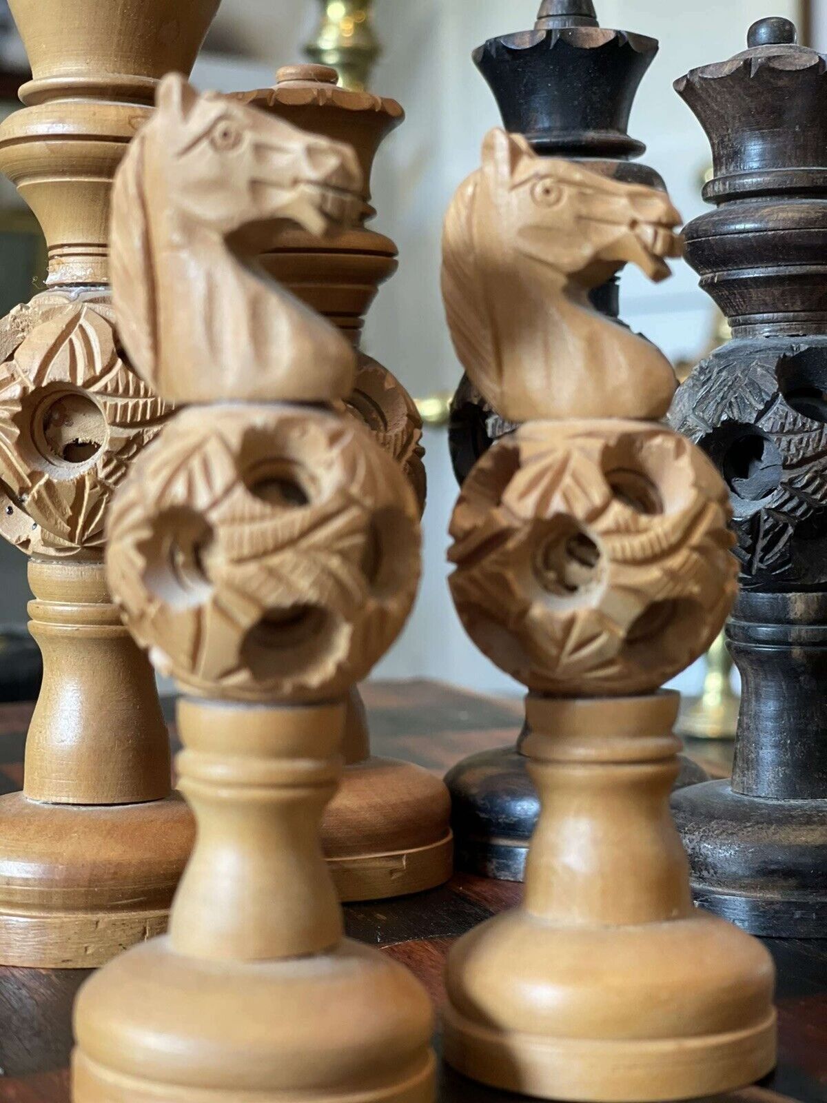 Antique Indian Sandalwood And Ebony Hand Carved Chess Set photo 350.0