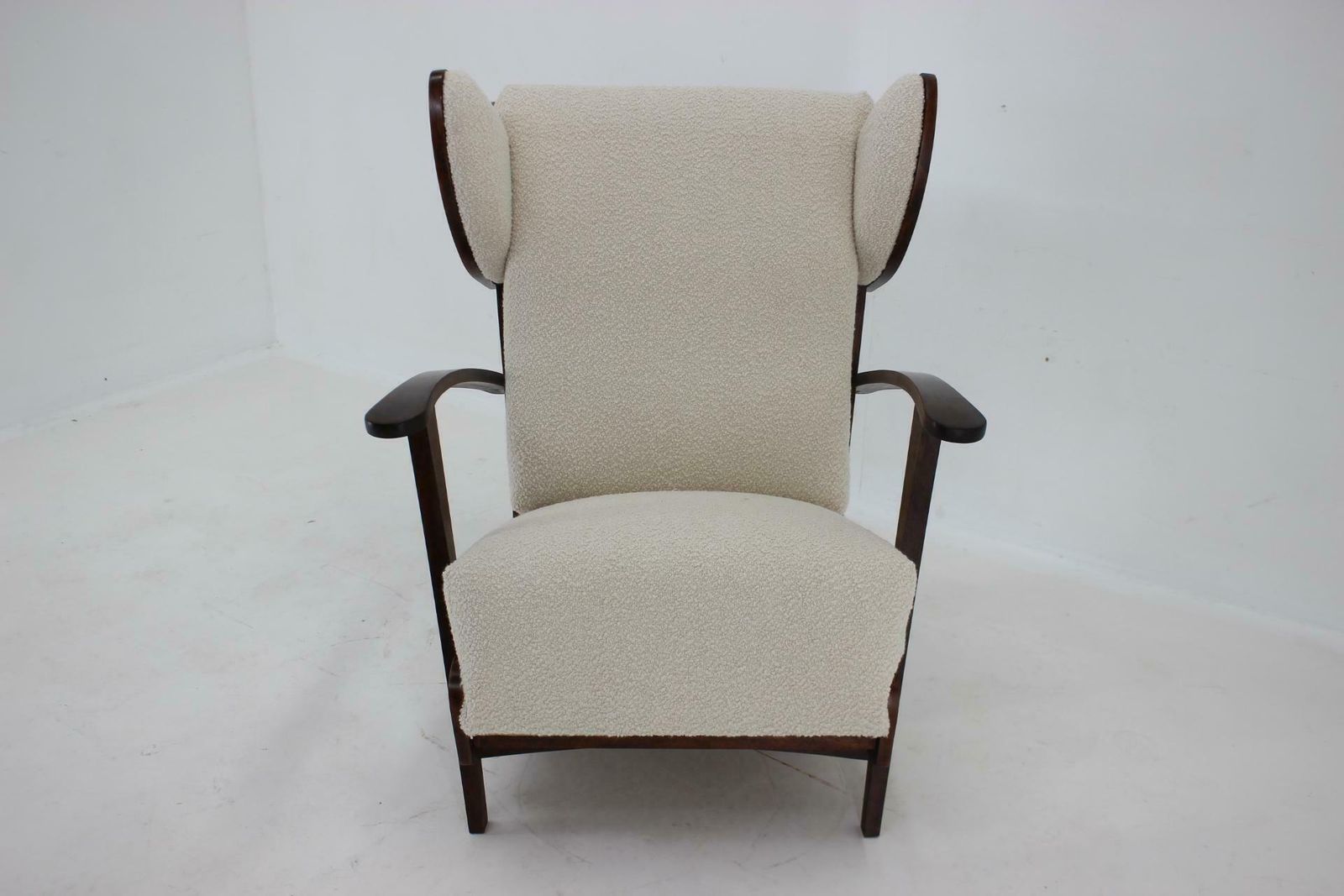 photo furniture 1940s Unique Large Wing Chair In Wool Boucle, Restored