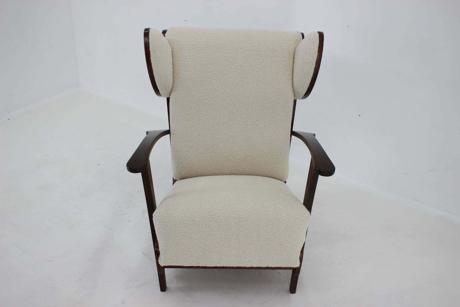 Furniture 1940s Unique Large Wing Chair In Wool Boucle, Restored photo