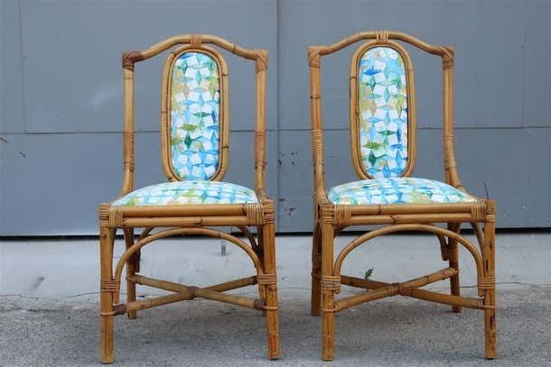 Mid Century Italian Pair Bamboo Chairs Multicoloured Fabric For The Sea photo 1894.0