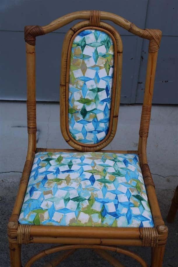 Mid Century Italian Pair Bamboo Chairs Multicoloured Fabric For The Sea photo vinterior