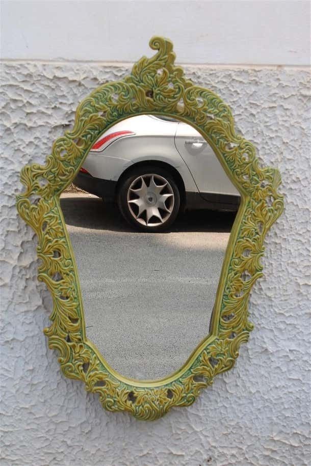 photo furniture Green Wall Mirror In Pop Art Baroque Ceramic 1950s Made In Italy