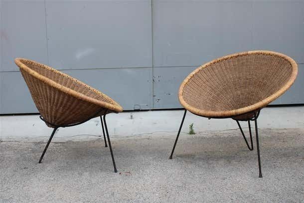 photo vintage Pair Of Roberto Mango Armchairs Italy 1950 Iron And Bamboo Cone Wicker