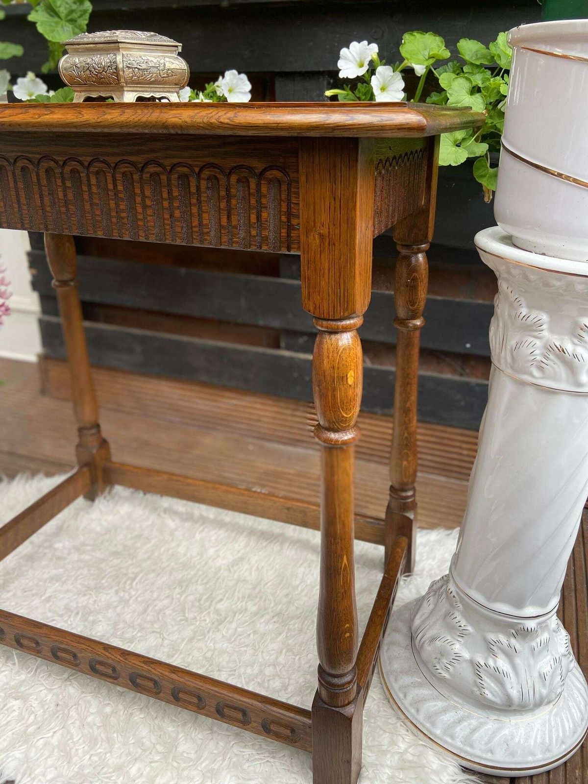 Vintage Priory Oak Hall Table / Carved Details / Light Oak / 1970s photo vintage