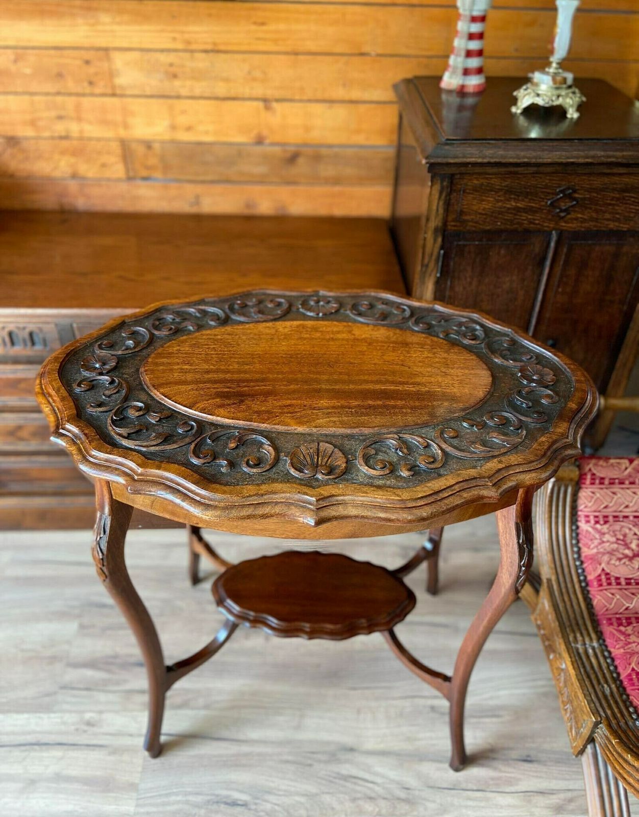 Antique Victorian Mahogany Oval Foliate Carving Window Table / English 19th Century