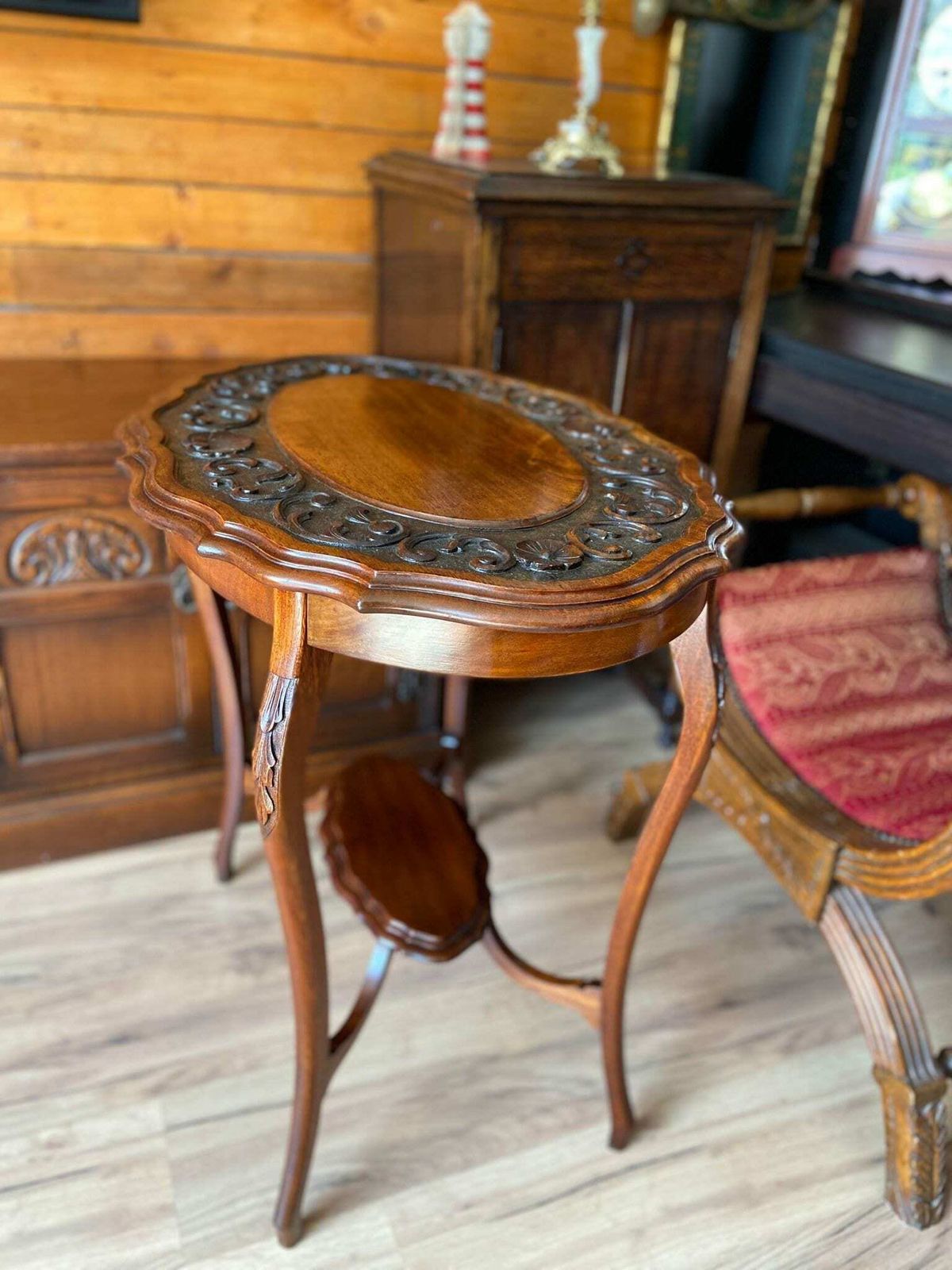 Antique Victorian Mahogany Oval Foliate Carving Window Table / English 19th Century photo Furniture