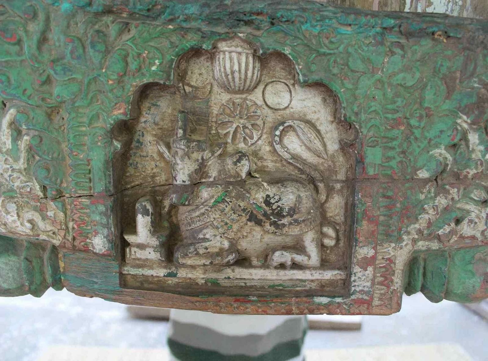 Mirror Made From Rare Temple Doorway Depicting Nandi And Shiva Lingam, South India photo furniture
