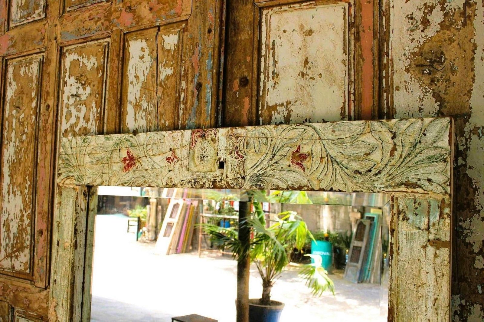 Doorway Mirror With Pale Blue Faded Paint Tones, 19th Century, Gujarat photo for sale