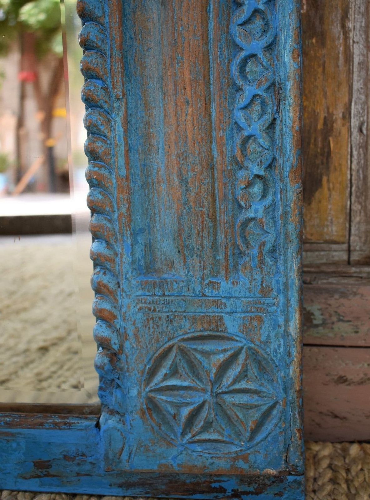Teak Doorway Mirror With Faded Blue Paint Tones, Gujarat photo furniture