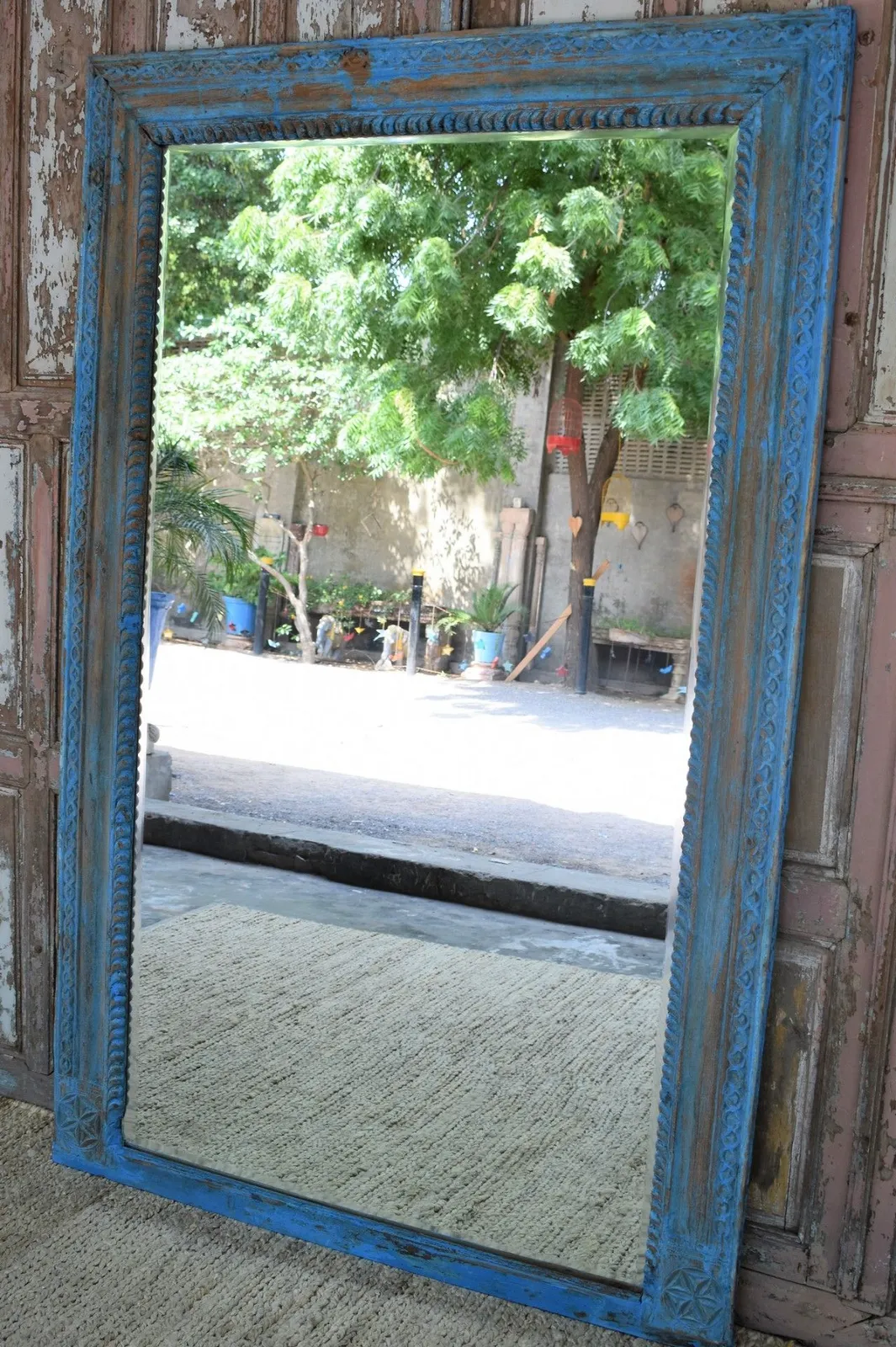 Teak Doorway Mirror With Faded Blue Paint Tones, Gujarat