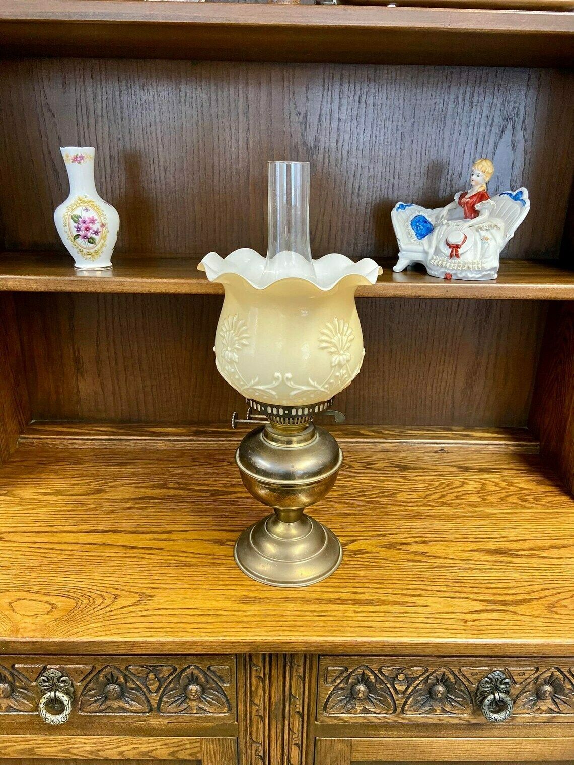Vintage Oil Lamp / Flower Motif Shade / Bohemia Of Czechoslovakia 1950s photo vintage