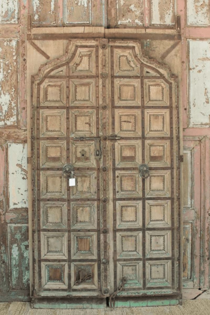 19th Century Haveli Doors In Pale Teak With Iron Work, Western Rajasthan
