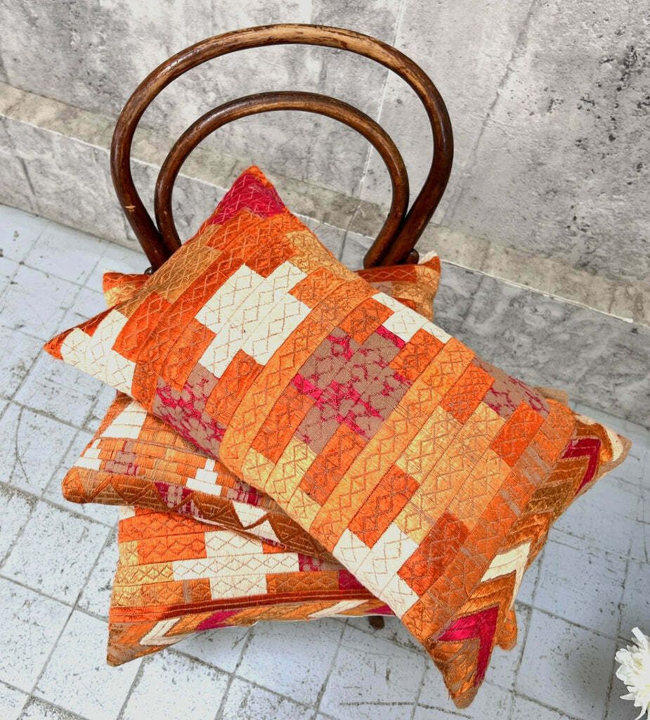 Set Of Three Vintage Hand Embroidered Silk Sunset Scatter Cushions photo furniture