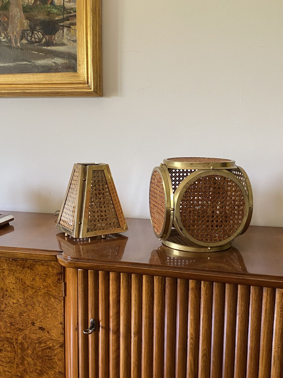 photo buy Set Of 2 Hollywood Regency Lamps In Brass And Vienna Straw, Italy 60's / 70's