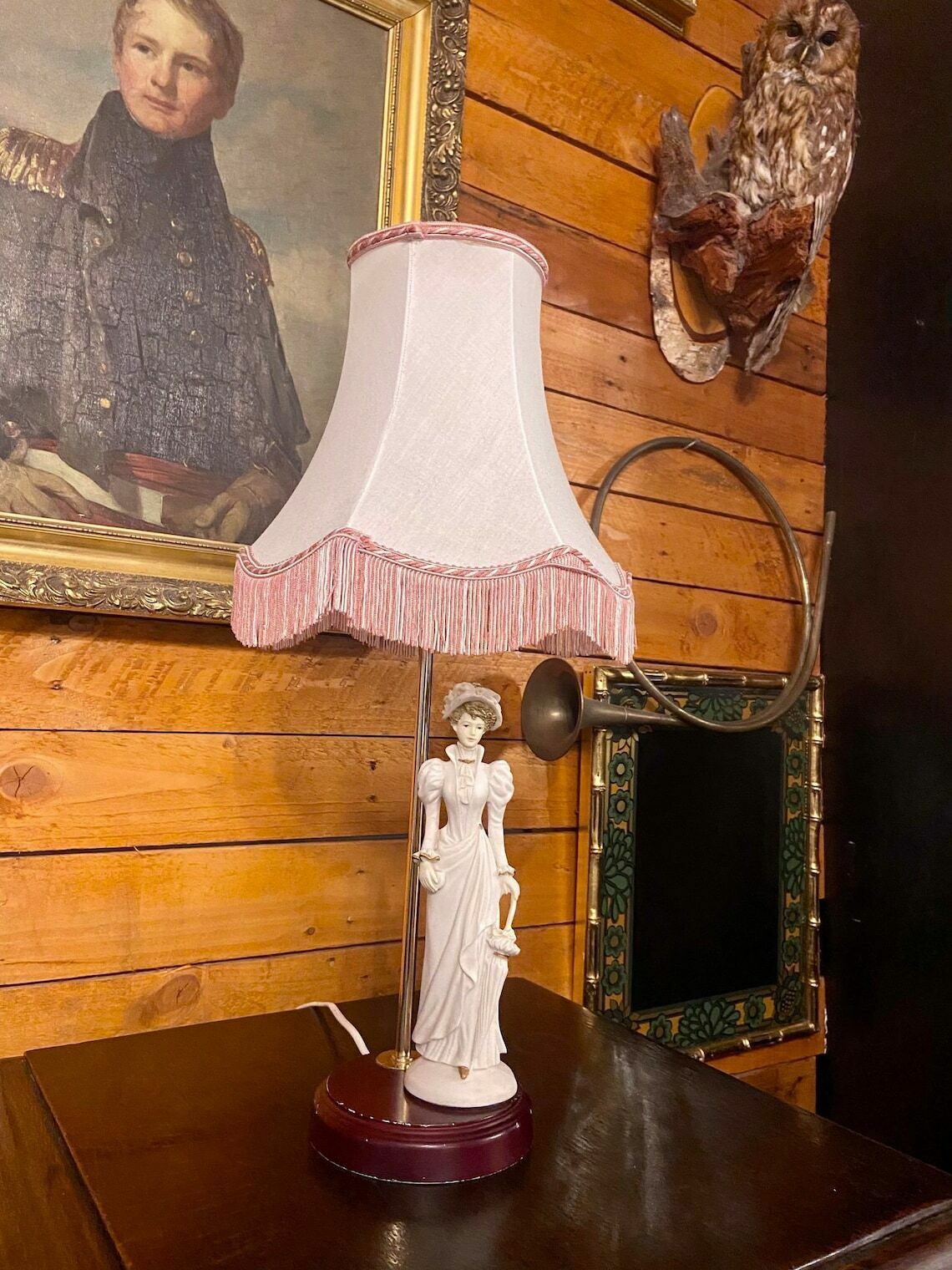 Vintage Very Stylish Table Lamp With Ceramic Ladies Figure / Fabric Shade / Wooden Base / Table Lamp / Made In England 1950s photo Lighting