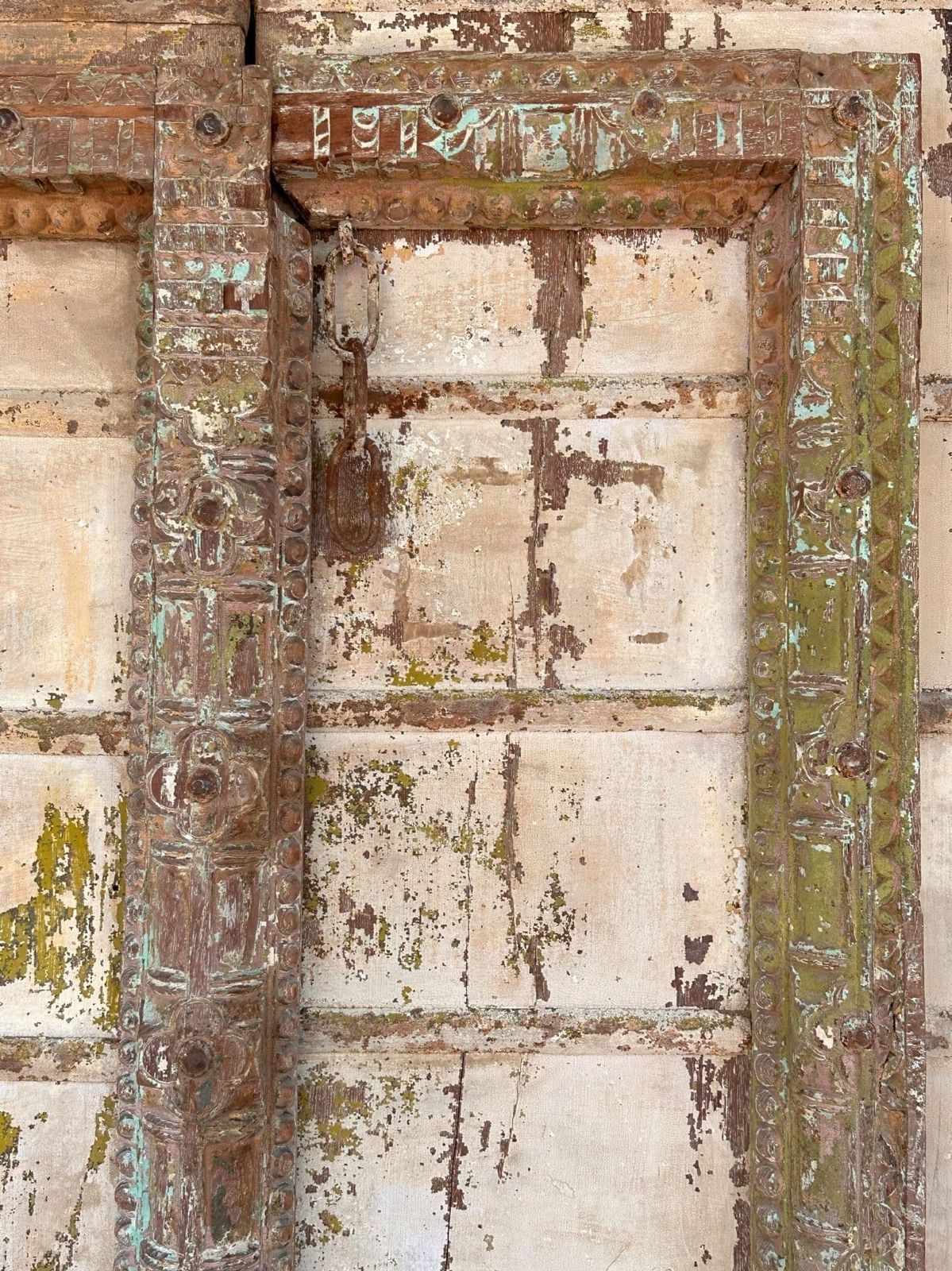 19th Century Haveli Door With Faded Paint Tones, Gujarat photo furniture