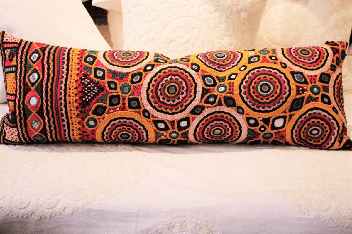 Vintage Tribal Embroidery Cushion Backed In Linen