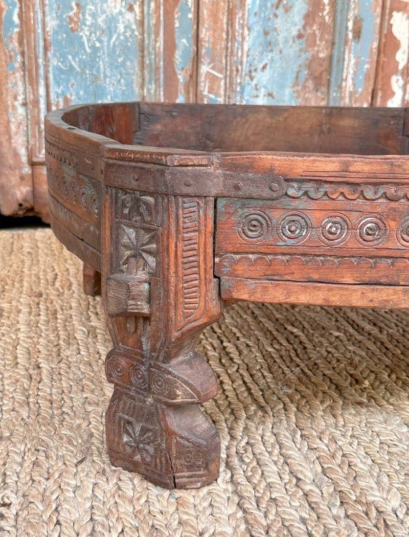 Antique Grinder Table With Tribal Carvings, Thar Desert, Rajasthan photo furniture