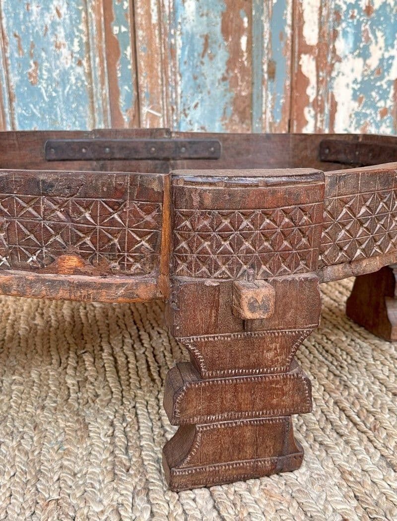 Antique Grinder Table With Tribal Carvings, Thar Desert, Rajasthan photo for sale