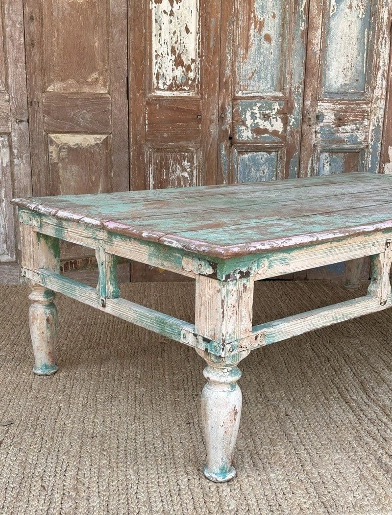 Antique Coffee Table With Faded Aqua Blue Paint Tones photo Furniture