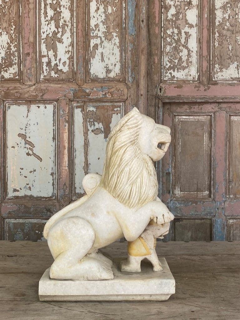 19th Century Marble Lion With Elephant From A Haveli Parapet, Udaipur photo Art