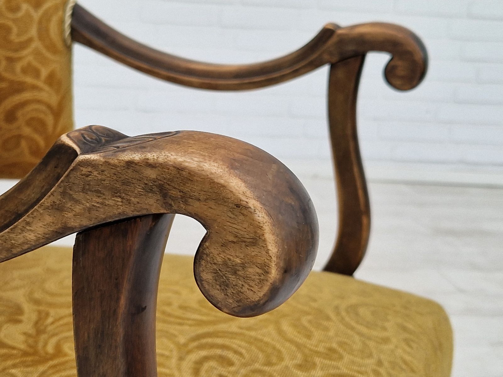 photo buy 1930s, Scandinavian Design, Armchair In Green Furniture Fabric, Ash Wood, Original Very Good Condition.