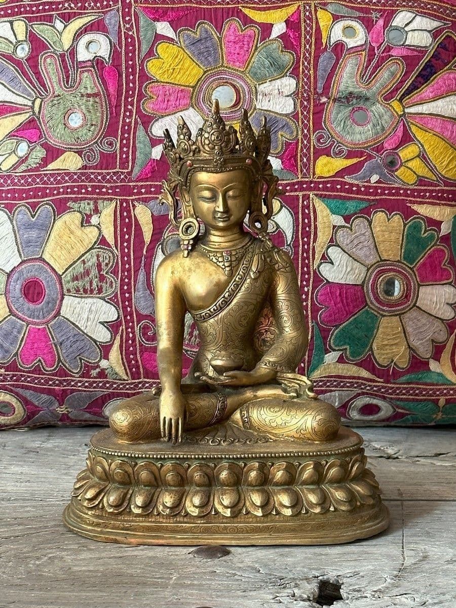 Gold Plated Bronze Buddha With Jewels & Crown, Nepal photo furniture