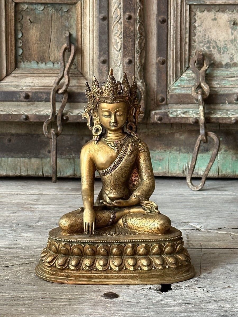 Gold Plated Bronze Buddha With Jewels & Crown, Nepal photo for sale